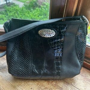 Brighton Black Leather Textured Shoulder Bag with Silver Hardware